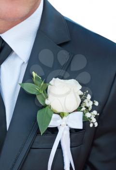 Groomsmen in black wedding suits wearing rose boutonnieres, close-up.