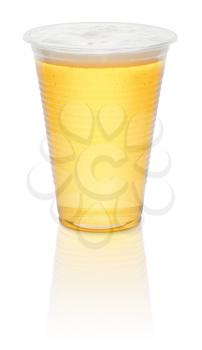 beer in a disposable plastic mug isolated on a white background with clipping path