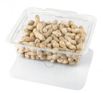 peanuts groundnuts in a transparent plastic box isolated on a white background with clipping path