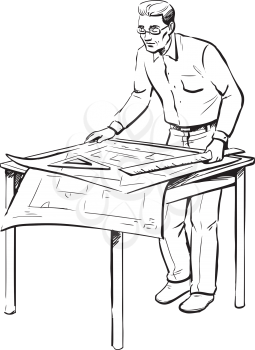 Sketch of an architect at work in his studio bending over a table containing blueprints and plans of his construction designs taking measurement to ensure the accuracy of the drawings