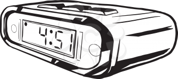 Digital clock side view with the LCD panel showing the numbers for the hours and minutes for the time visible at the front, hand-drawn vector illustration