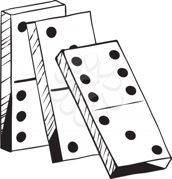 Leaning dominoes balanced against each other reaching the point of collapse to begin the domino effect, hand-drawn vector illustration