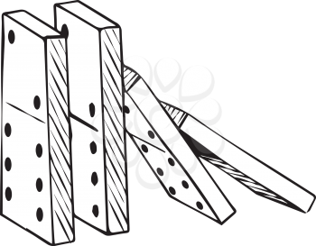 The domino effect with a falling row of dominoes setting each other off as each one falls in turn, black and white hand-drawn doodle illustration