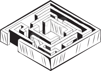 Black and white hand drawn sketch with a high angle perspective of a square labyrinth or maze showing the interconnecting passages