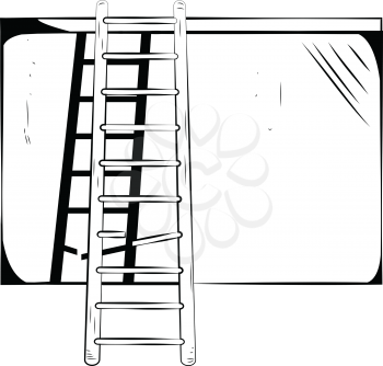 Broken ladder with a cracked rung leaning on a wall casting a shadow, hand-drawn vector illustration