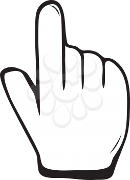 Black and white illustration of a cursor with the shape of a hand with outstretched index finger, pointing upside, isolated on white background