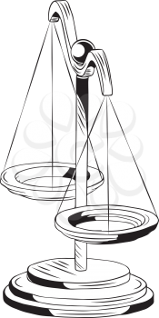 Set of old scales with dual pans for weighing objects, also conceptual of justice and equality, black and white hand-drawn vector illustration