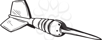 Dart with pointed tip facing towards the viewer for playing a game of darts, black and white hand-drawn vector illustration