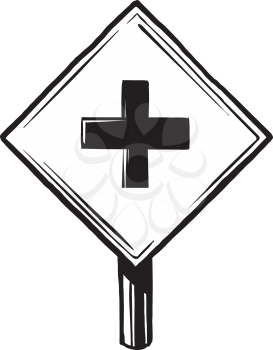 4 way intersection warning sign for road traffic with a centred cross, black and white hand-drawn vector illustration