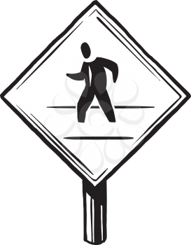 Road traffic sign warning drivers of the presence of pedestrians in the area showing a person walking, black and white vector illustration