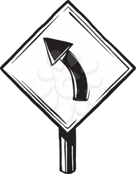 Traffic warning sign for a bend ahead showing a left curving arrow, hand-drawn vector illustration