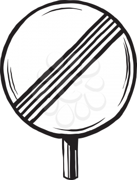 End of prohibition traffic sign indicating the de-restriction of a reduced speed due to roadworks or hazards and return to normal driving conditions, black and white hand-drawn vector illustration