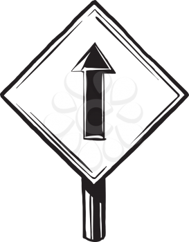 Straight through arrow sign or forward traffic sign showing the direction of travel, black and white hand-drawn vector illustration