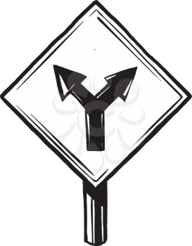 Y junction road sign showing two roads merging into one, or conversely one road splitting into two, black and white hand-drawn vector illustration