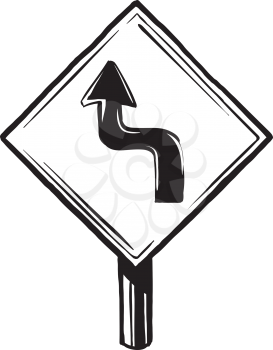 Left then right arrow road traffic sign warning the motorist that the road bends and deviates before proceeding, hand-drawn black and white vector illustration