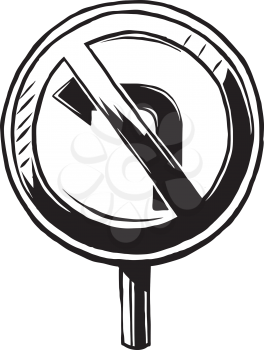 No left turn traffic sign with a crossed through arrow warning motorists not to attempt to turn to the left, hand-drawn black and white vector illustration