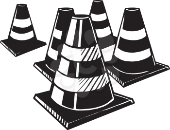 Traffic cones to warn motorists of hazards connected with roadworks and maintenance, one up and one lying on its side, hand-drawn black and white vector illustration
