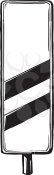 Rectangular road sign warning of rail tracks ahead with two diagonal lines, black and white hand-drawn vector illustration