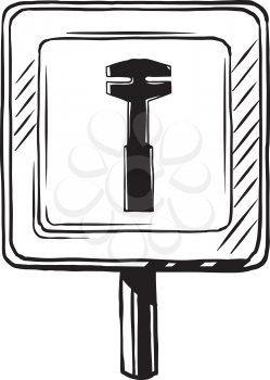 Roadside assistance traffic sign showing a spanner informing motorists that a service bay and assistance are available, black and white hand-drawn vector illustration