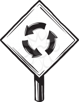 Roundabout or traffic circle traffic sign warning drivers of an approaching rounded mount, hand-drawn black and white vector illustration