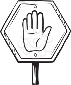 Hexagonal Stop traffic sign showing a raised hand with facing palm, hand-drawn black and white vector illustration