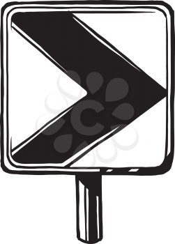 Turn arrow traffic sign pointing to the right, black and white hand-drawn vector illustration