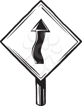 Wobbly or winding traffic sign cautioning motorists that the road winds and they must reduce speed, hand-drawn black and white vector illustration