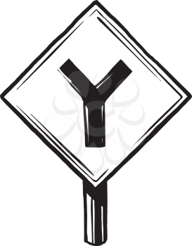 Y junction road sign showing two roads merging into one, or conversely one road splitting into two, black and white hand-drawn vector illustration