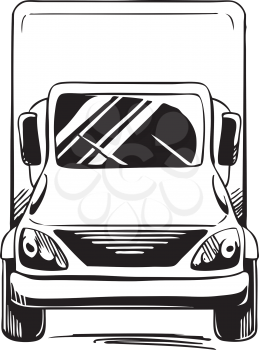 Front view of a service or delivery van for commercial transportation, black and white vector illustration