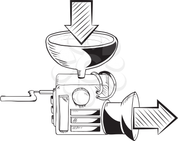 Crazy machine shaped like a domestic kitchen mincer showing the concept of Input and Output with directional arrows, black and white hand drawn sketch