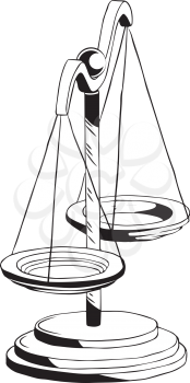Black and white hand drawn sketch of a set of old-fashioned scales with pendulum pans for weighing, measurement or balancing conceptual of justice