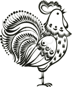 rooster, hand drawn, vector, black illustration in Ukrainian folk style
