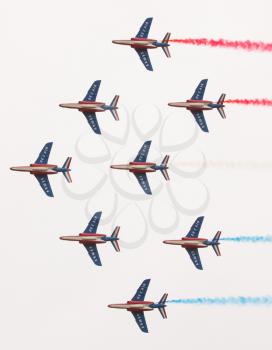 LEEUWARDEN,FRIESLAND,HOLLAND-SEPTEMBER 17:: The french Patrouille de France Display Team at the Dutch Airshow on September 17, 2011 at Leeuwarden Airfield, Friesland, Holland.