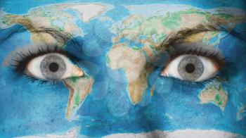 Women eye, close-up, eyes wide open, world map