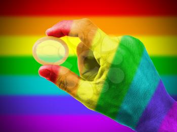 Male giving a condom, rainbow flag pattern, gay pride