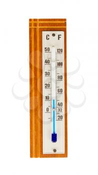 The thermometer made of wood isolated on white background