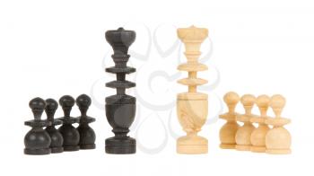 Black and white king isolated with pawns, white background