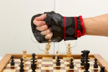 Playing chess in freefight gloves, isolated on white