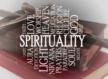 Spirituality word cloud with a religious background