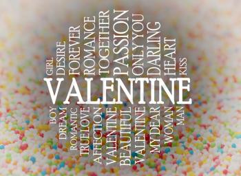 Valentine word cloud concept with a candy background