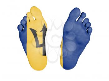 Feet with flag, sleeping or death concept, flag of Barbados