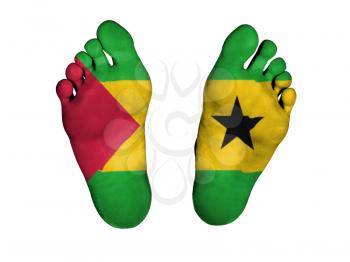Feet with flag, sleeping or death concept, flag of Sao Tome and Principe