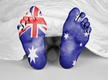 Dead body under a white sheet, flag of Australia