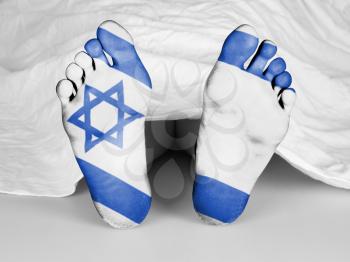 Dead body under a white sheet, flag of Israel