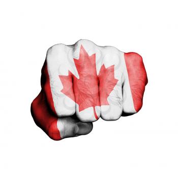 Front view of punching fist, banner of Canada