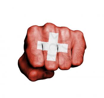 Front view of punching fist, banner of Switzerland