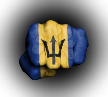 Fist of a man punching, flag of Barbados