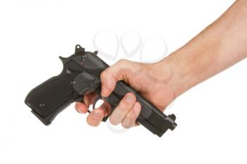 Disarming, hand giving a gun, isolated on white