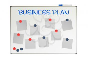 Business plan with empty papers and magnets on a whiteboard, isolated on white