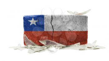 Brick with broken glass, violence concept, flag of Chile